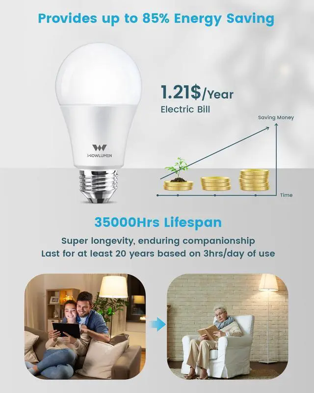 Alt view image 3 of 6 - A19 LED Light Bulb, 9W, E26, 5000K Cool White, 800LM, 60W Equivalent, UL Listed, 4 Pack