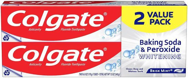 Main image of Colgate Baking Soda & Peroxide Toothpaste, Brisk Mint, 6 Ounce (Pack of 2) - Whitens Teeth, Fights Cavities, Removes Stains