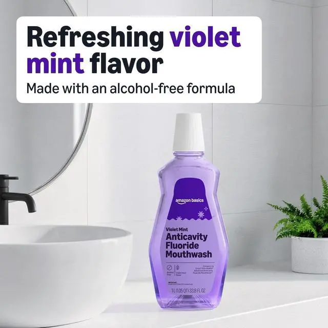 Alt view image 2 of 6 - Amazon Basics Anticavity Fluoride Mouthwash, Alcohol Free, Violet Mint, 1L (33.8Fl Oz), 1-Pack