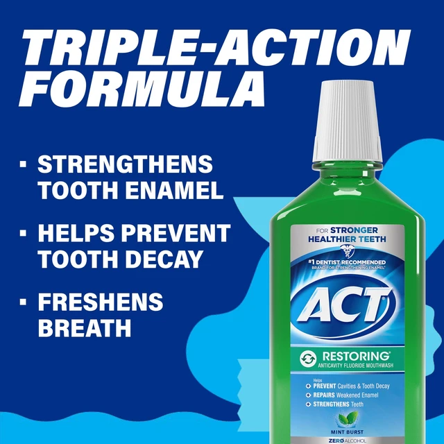 Alt view image 4 of 6 - ACT Restoring Zero Alcohol Fluoride Mouthwash, Mint Burst, 33.8fl.oz., Strengthens Tooth Enamel
