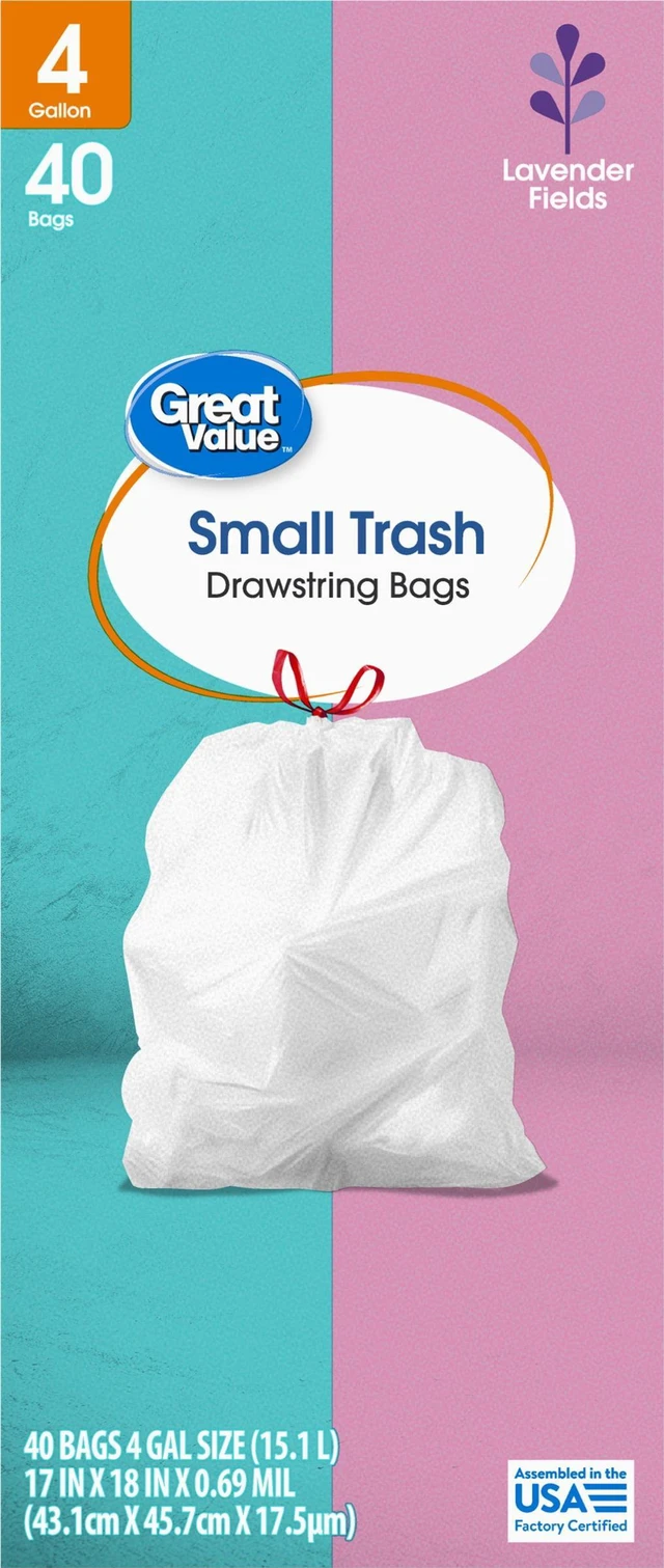 Alt view image 6 of 6 - Great Value Lavender Fields Drawstring Trash Bags 4 gal White 40 Bags