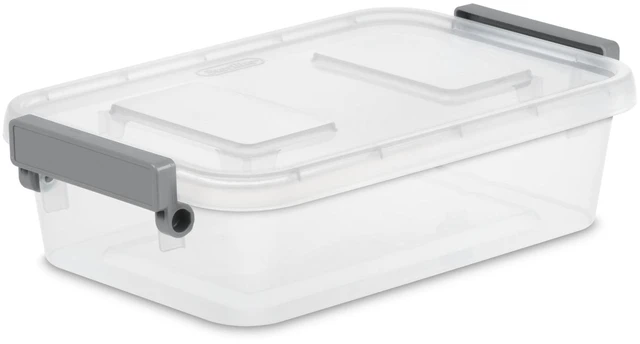 Alt view image 7 of 7 - Sterilite Modular 2.7 Quart Small Latching Storage Bin, Clear Plastic Storage Container with Write-on ID Latches, Gray (2 pack)