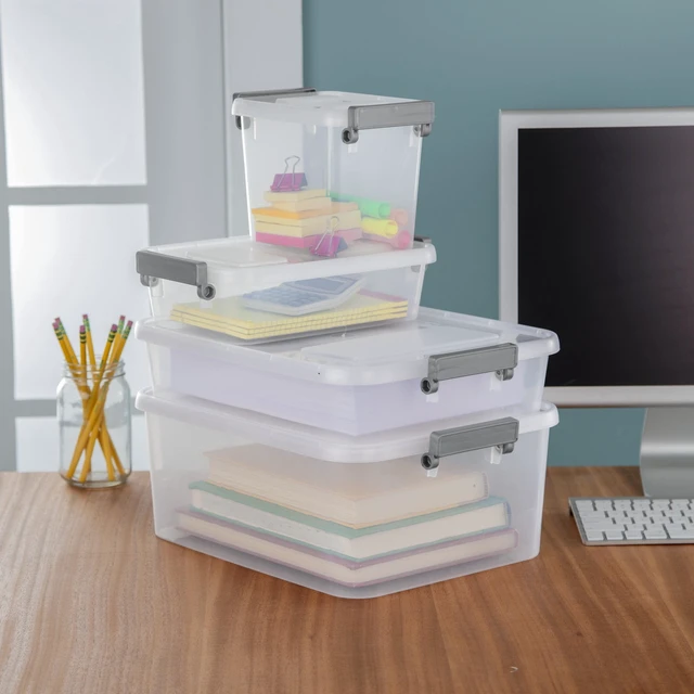 Alt view image 3 of 7 - Sterilite Modular 2.7 Quart Small Latching Storage Bin, Clear Plastic Storage Container with Write-on ID Latches, Gray (2 pack)