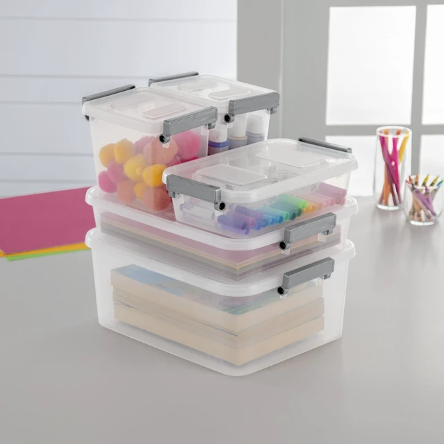 Alt view image 6 of 7 - Sterilite Modular 2.7 Quart Small Latching Storage Bin, Clear Plastic Storage Container with Write-on ID Latches, Gray (2 pack)