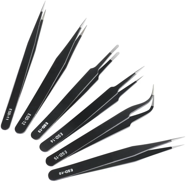 Main image of 6-Piece Precision Tweezers Set, Anti-Static Stainless Steel Craft