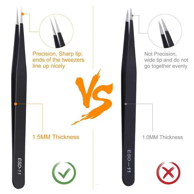 Alt view image 4 of 7 - Kaverme 3PCS Precision Tweezers Set, Anti-Static Stainless Steel