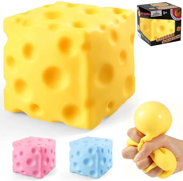 Main image of Cheese Squishy Cube Stress Ball Fidget Sensory Toy, Novelty Stress Relief Gifts for Adults (Yellow, 2.4in)