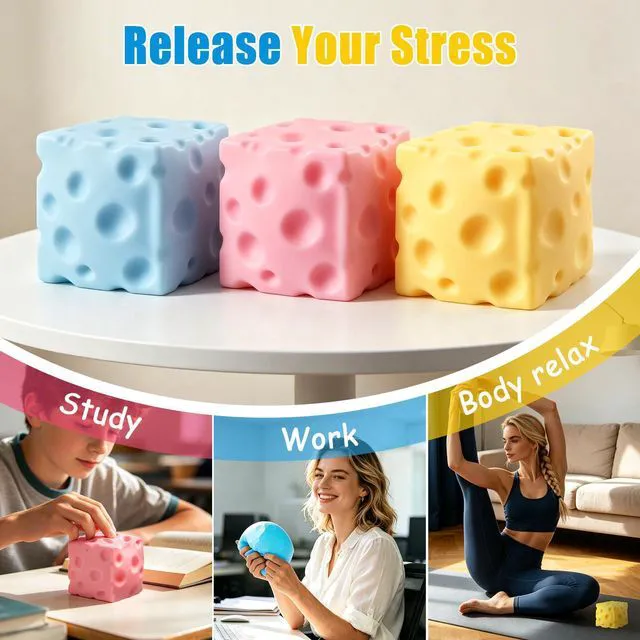 Alt view image 4 of 6 - Cheese Squishy Cube Stress Ball Fidget Sensory Toy, Novelty Stress Relief Gifts for Adults (Yellow, 2.4in)