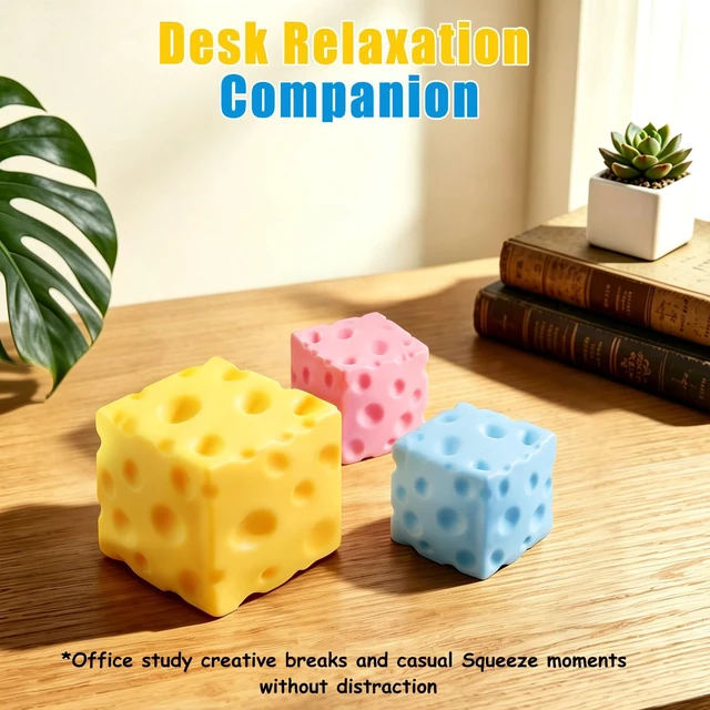 Alt view image 6 of 6 - Cheese Squishy Cube Stress Ball Fidget Sensory Toy, Novelty Stress Relief Gifts for Adults (Yellow, 2.4in)