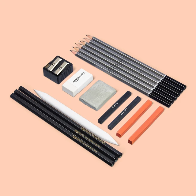 Main image of Amazon Basics 17-Piece Sketching and Drawing Art Pencil Kit with Pencils, Charcoal, Erasers, Sharpener, Black, White