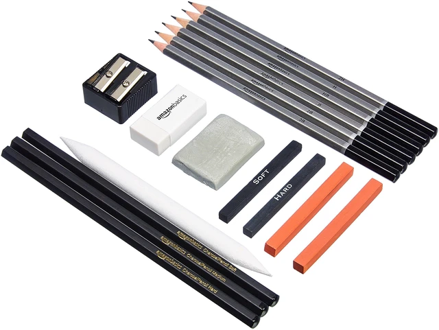 Alt view image 2 of 5 - Amazon Basics 17-Piece Sketching and Drawing Art Pencil Kit with Pencils, Charcoal, Erasers, Sharpener, Black, White