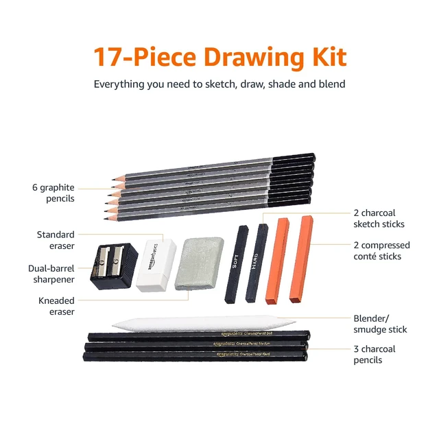 Alt view image 4 of 5 - Amazon Basics 17-Piece Sketching and Drawing Art Pencil Kit with Pencils, Charcoal, Erasers, Sharpener, Black, White