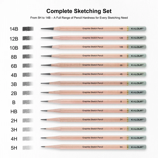 Alt view image 5 of 7 - KALOUR 18-Piece Professional Sketch Pencil Set - 5H-14B Pencils, Vinyl Eraser, Kneaded Eraser, Sharpener, Paper Blending Stump - Ideal for Artists and Beginners