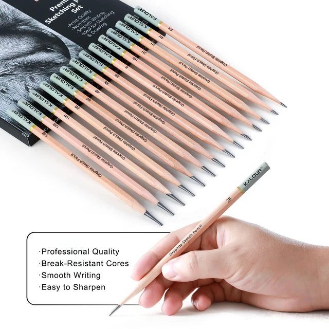 Alt view image 3 of 7 - KALOUR 18-Piece Professional Sketch Pencil Set - 5H-14B Pencils, Vinyl Eraser, Kneaded Eraser, Sharpener, Paper Blending Stump - Ideal for Artists and Beginners