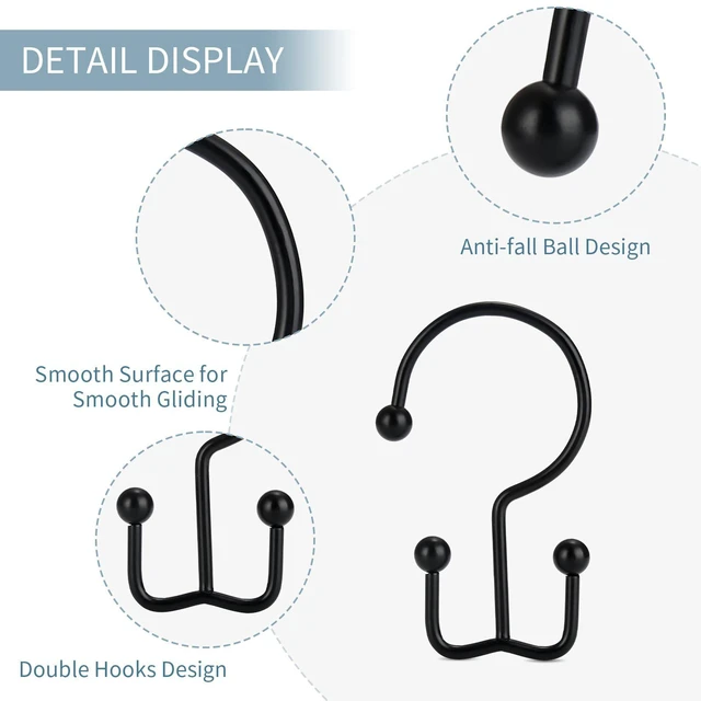 Alt view image 7 of 7 - Goowin 12 Pcs Double Glide Shower Curtain Hooks, Rust Proof, Black