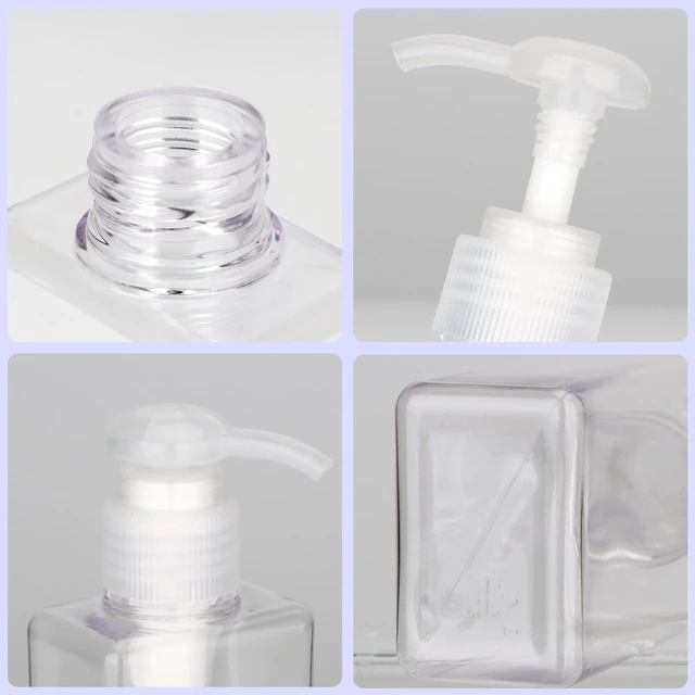 Alt view image 6 of 7 - Jansburg 2 Pack 100ml (3.4oz) Clear Flat Square Plastic Refillable Leakproof Empty Pump Bottle Dispenser for Essential Oil, Soap, Lotion, Shampoo