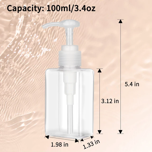 Alt view image 2 of 7 - Jansburg 2 Pack 100ml (3.4oz) Clear Flat Square Plastic Refillable Leakproof Empty Pump Bottle Dispenser for Essential Oil, Soap, Lotion, Shampoo