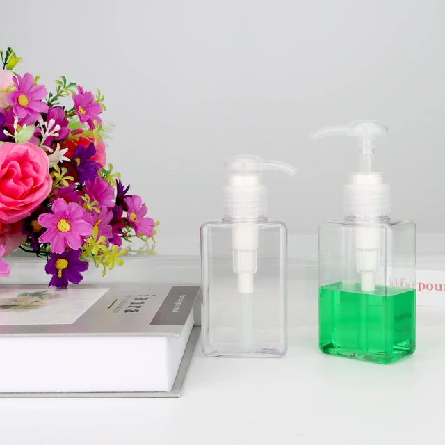 Alt view image 7 of 7 - Jansburg 2 Pack 100ml (3.4oz) Clear Flat Square Plastic Refillable Leakproof Empty Pump Bottle Dispenser for Essential Oil, Soap, Lotion, Shampoo