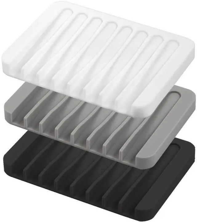 Main image of Self-Draining Silicone Soap Holder, 3-Pack Waterfall Drainer for Bathroom, Extend Soap Life, Keep Dry & Clean, Easy Cleaning (Black, White, Gray)