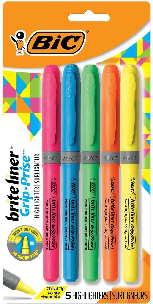 Main image of BIC Brite Liner Grip Highlighter, Chisel Tip, Assorted Colors, 5-Count