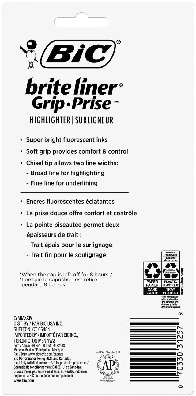 Alt view image 5 of 6 - BIC Brite Liner Grip Highlighter, Chisel Tip, Assorted Colors, 5-Count