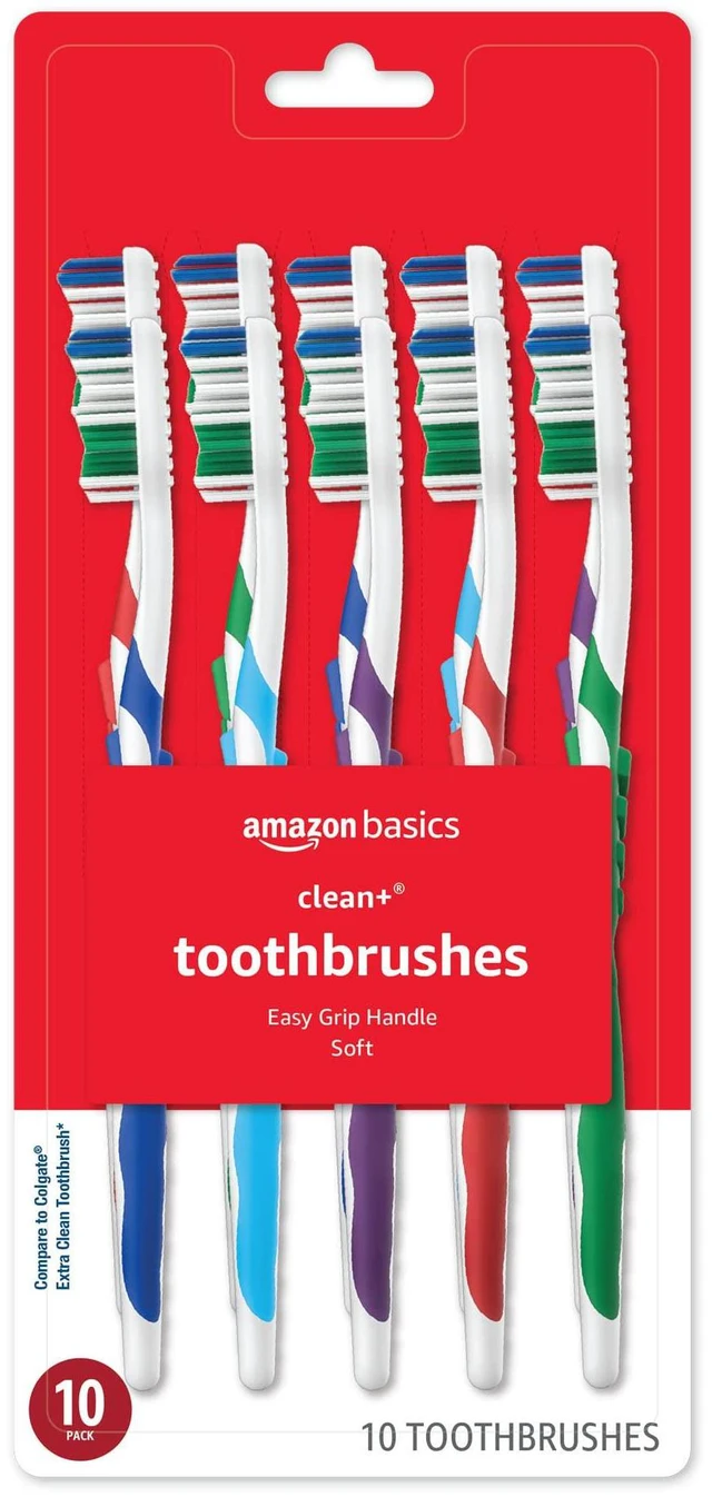 Main image of Amazon Basics Clean Plus Soft Bristle Toothbrushes with Angled End-Tuft, Cheek and Tongue Cleaner, Full Size, 10 Count
