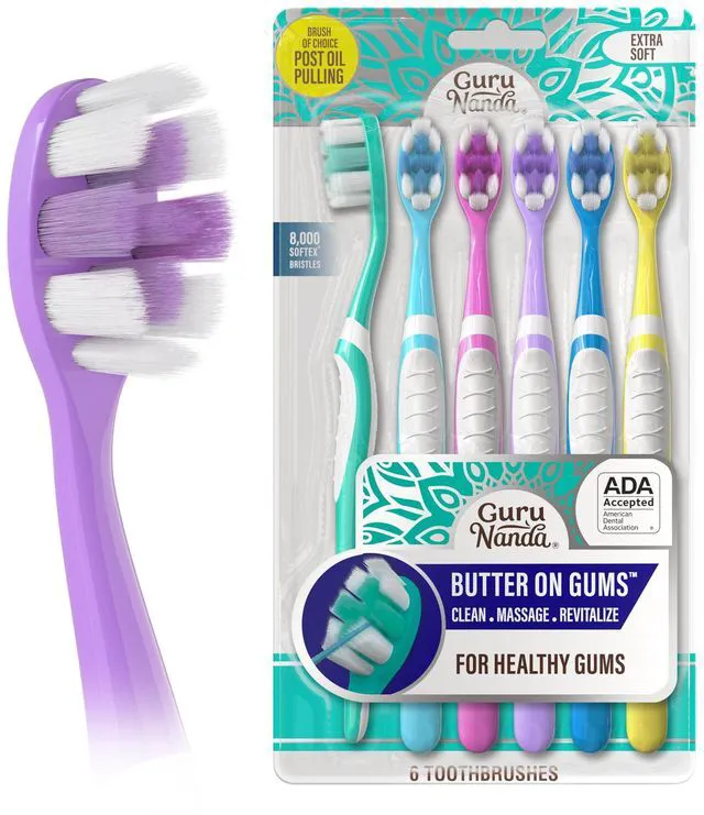 Main image of GuruNanda Butter on Gums Toothbrush, ADA Accepted, 8000+ Ultra Soft Softex Bristles for Sensitive & Receding Gums, Assorted Colors, 6 Count