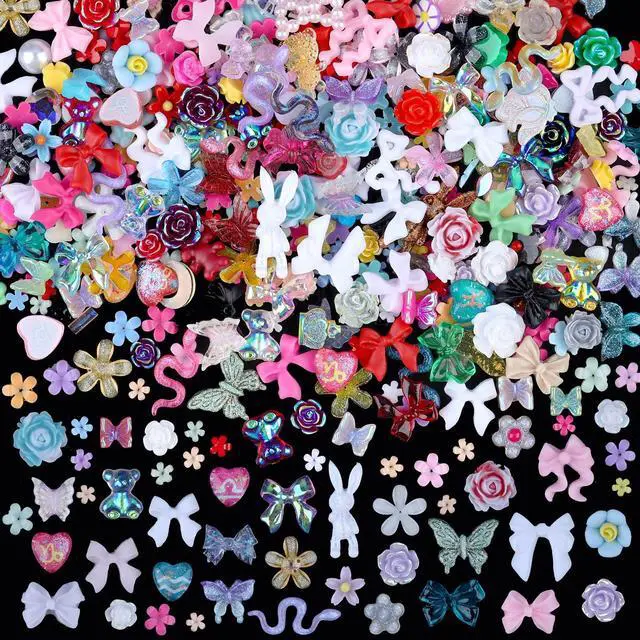 Main image of 300 Pieces 3D Resin Nail Charms Assorted Hollow Pearl Heart Gummy Bear Star Heart Flowers Acrylic Beads