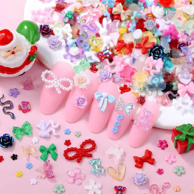 Alt view image 3 of 6 - 300 Pieces 3D Resin Nail Charms Assorted Hollow Pearl Heart Gummy Bear Star Heart Flowers Acrylic Beads