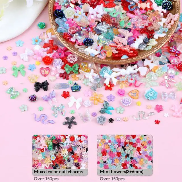 Alt view image 6 of 6 - 300 Pieces 3D Resin Nail Charms Assorted Hollow Pearl Heart Gummy Bear Star Heart Flowers Acrylic Beads