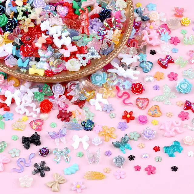 Alt view image 4 of 6 - 300 Pieces 3D Resin Nail Charms Assorted Hollow Pearl Heart Gummy Bear Star Heart Flowers Acrylic Beads