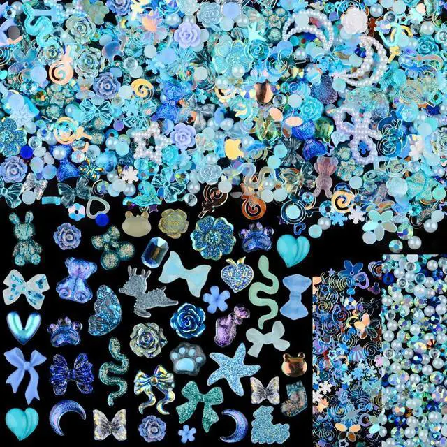 Main image of 300pcs Nail Art Charms Kit with Over 100pcs Mixshape Resin Nail Gems, 100pcs Mixed Flatback Nail Rhinestones Pearls, and Over 100pcs Nail Sequins (Blue)
