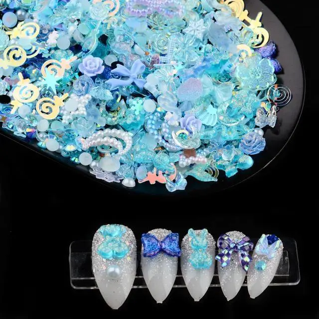Alt view image 2 of 5 - 300pcs Nail Art Charms Kit with Over 100pcs Mixshape Resin Nail Gems, 100pcs Mixed Flatback Nail Rhinestones Pearls, and Over 100pcs Nail Sequins (Blue)