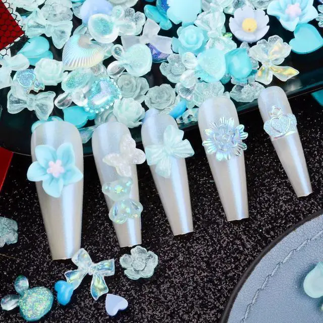 Alt view image 5 of 5 - 300pcs Nail Art Charms Kit with Over 100pcs Mixshape Resin Nail Gems, 100pcs Mixed Flatback Nail Rhinestones Pearls, and Over 100pcs Nail Sequins (Blue)