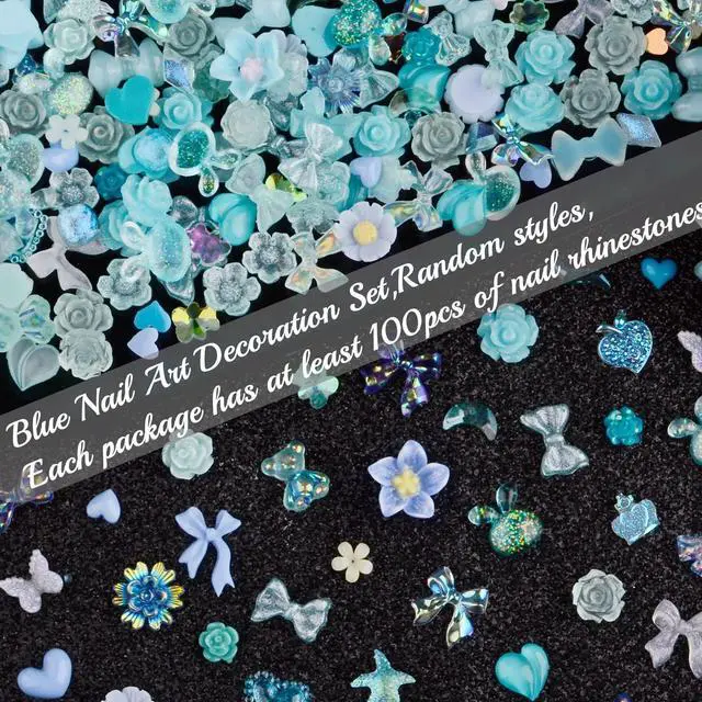 Alt view image 3 of 5 - 300pcs Nail Art Charms Kit with Over 100pcs Mixshape Resin Nail Gems, 100pcs Mixed Flatback Nail Rhinestones Pearls, and Over 100pcs Nail Sequins (Blue)