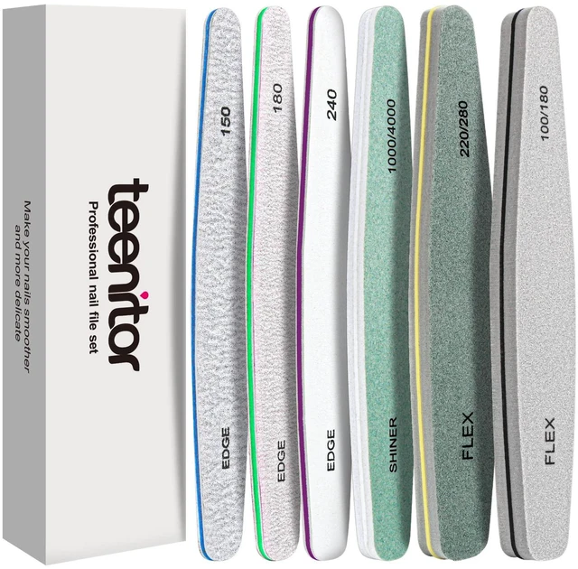 Main image of Teenitor 6-Piece Nail File and Buffer Set, 100/180 Grit Emery Boards, Nail Buffer Block, Shine Kit for Natural Nails