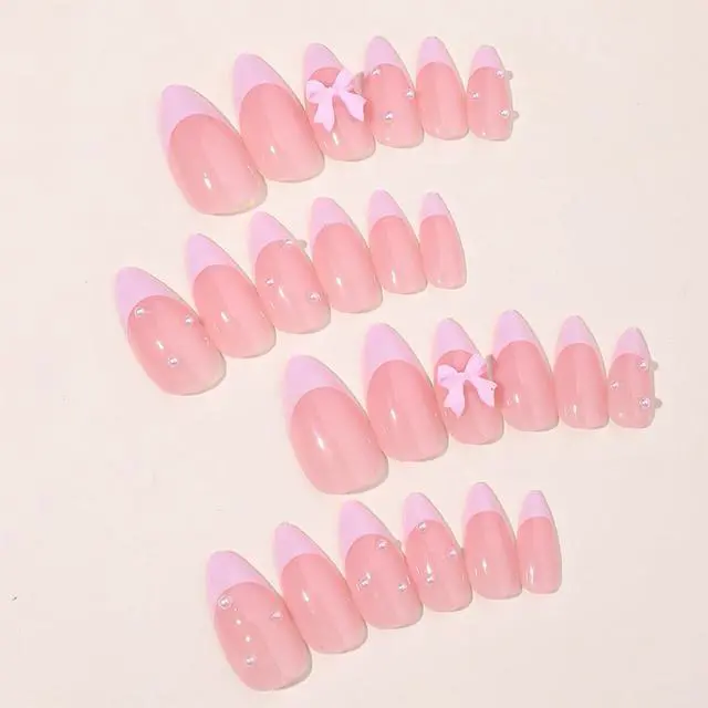 Alt view image 6 of 7 - Pink Bow Press on Nails Medium Almond Nude Pink with Pearl Design Glossy Acrylic False Nails 24Pcs