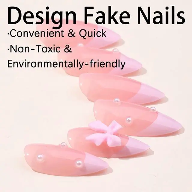 Alt view image 4 of 7 - Pink Bow Press on Nails Medium Almond Nude Pink with Pearl Design Glossy Acrylic False Nails 24Pcs