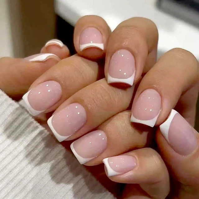 Main image of White French Tip Short Square Glossy Pink Press on Nails Reusable Full Cover Acrylic with Glue DIY Nails Art Decoration for Women