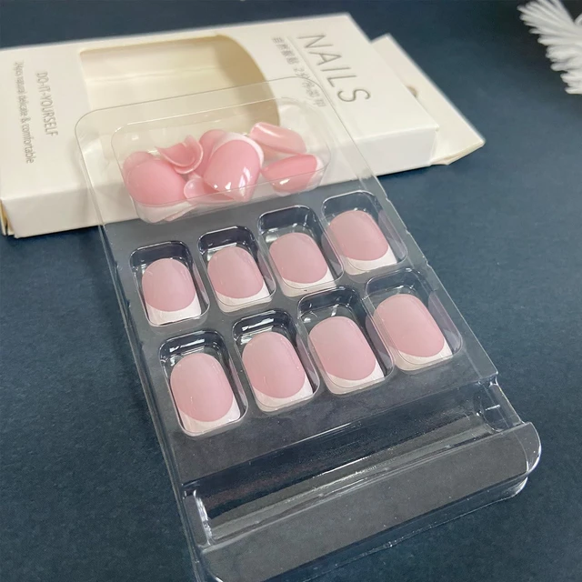 Alt view image 6 of 6 - White French Tip Short Square Glossy Pink Press on Nails Reusable Full Cover Acrylic with Glue DIY Nails Art Decoration for Women