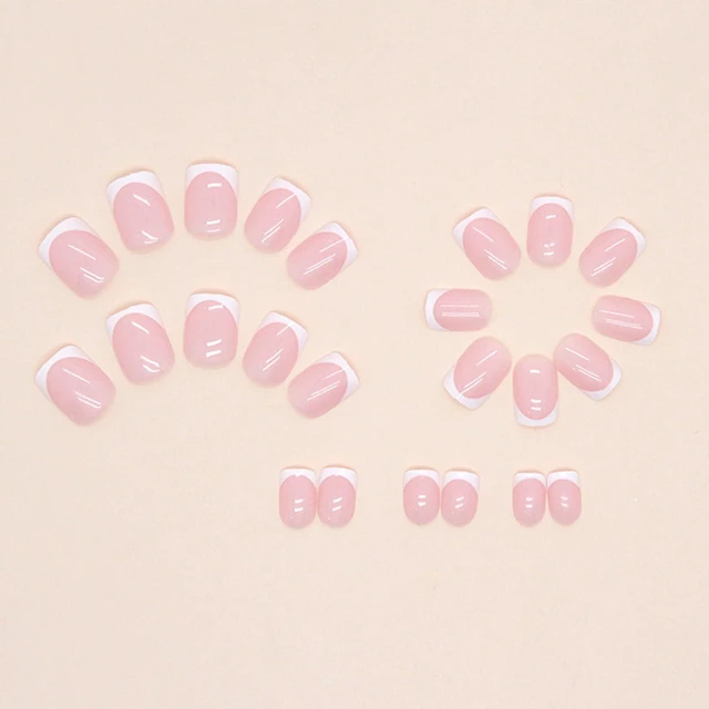 Alt view image 3 of 6 - White French Tip Short Square Glossy Pink Press on Nails Reusable Full Cover Acrylic with Glue DIY Nails Art Decoration for Women