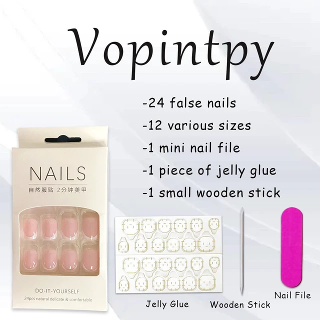 Alt view image 5 of 6 - White French Tip Short Square Glossy Pink Press on Nails Reusable Full Cover Acrylic with Glue DIY Nails Art Decoration for Women