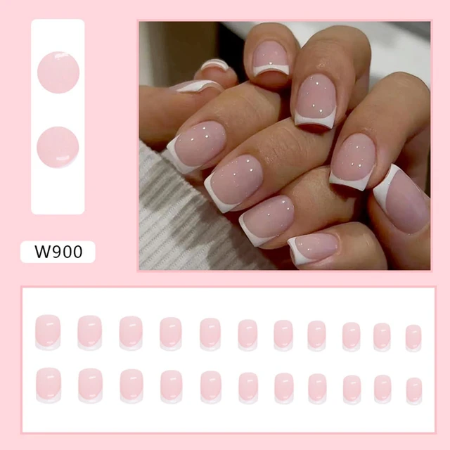 Alt view image 4 of 6 - White French Tip Short Square Glossy Pink Press on Nails Reusable Full Cover Acrylic with Glue DIY Nails Art Decoration for Women