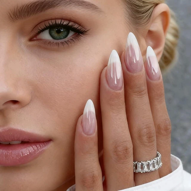 Alt view image 4 of 6 - Almond French Tip Press on Nails Medium Chrome Design 24Pcs for Women