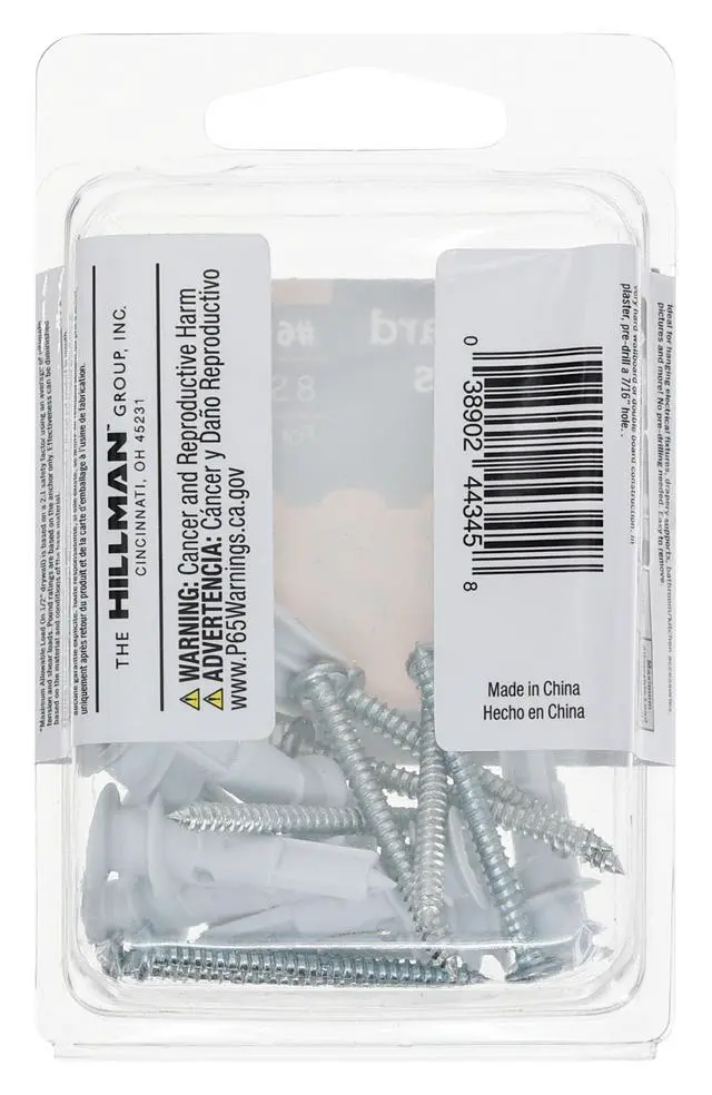 Alt view image 5 of 6 - Hillman #6 Nylon Pan Head Phillips Drywall Anchor Screws, 50lb, White, 8 Pack