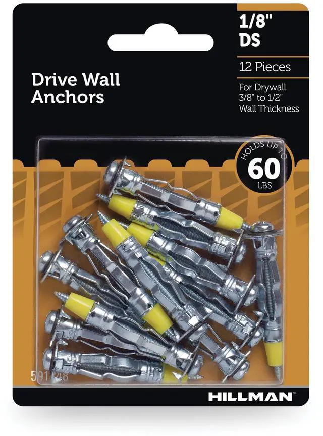 Main image of Hillman Drywall Anchor Screws 1/8" x DS, Steel, Zinc, Corrosion Resistant, 60lbs, Silver, 12 Sets