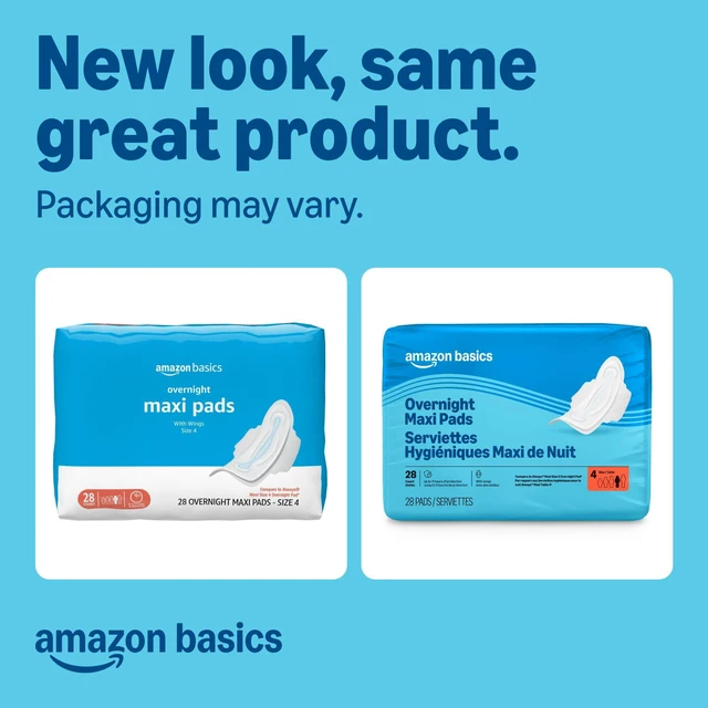Alt view image 7 of 7 - Amazon Basics Thick Maxi Pads with Wings, Overnight Absorbency, Leak Protection, Super Absorbent, Unscented, Size 4, 28 Count