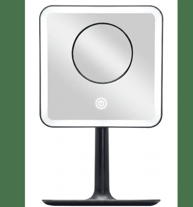 Main image of Mainstays LED Lighted Vanity Makeup Mirror, 5X Magnifying, with Storage Tray, Rich Black Finish