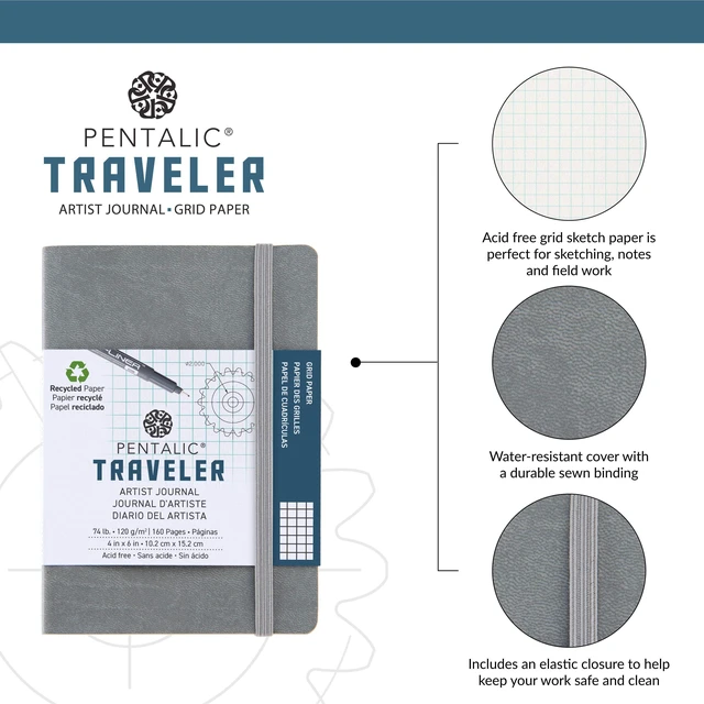 Alt view image 6 of 6 - Pentalic 4"x6" Gray Grid Traveler Pocket Artist Drawing Journal, 160 Pages, 74lb Paper