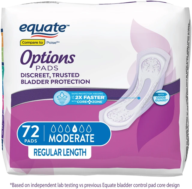 Main image of Equate Options Women's Incontinence Pads, Size 2, Moderate Absorbency, Regular Length, 72 Count